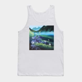 Nature Blue Misty Mountain Grass White Daisy Flower Meadow Wildflower Tank Top